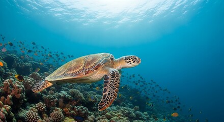 Obraz premium Majestic Sea Turtle Gracefully Swimming Amidst Vibrant Coral Reef and Tropical Fish; Underwater Wildlife Scene, Ocean Life, Marine Ecosystem Photography