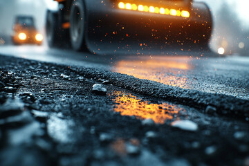Asphalt Paving Project with Road Roller and Reflection of Lights on Wet Surface