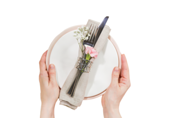 Top View Of Elegant Table Setting With Pink Plate, Gray Napkin, Flowers, And Cutlery, Held By Hands On Transparent Background. Concept Of Restaurant Branding, Fine Dining Presentation, Event Planning