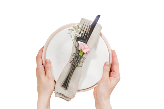 Top View Of Elegant Table Setting With Pink Plate, Gray Napkin, Flowers, And Cutlery, Held By Hands On Transparent Background. Concept Of Restaurant Branding, Fine Dining Presentation, Event Planning