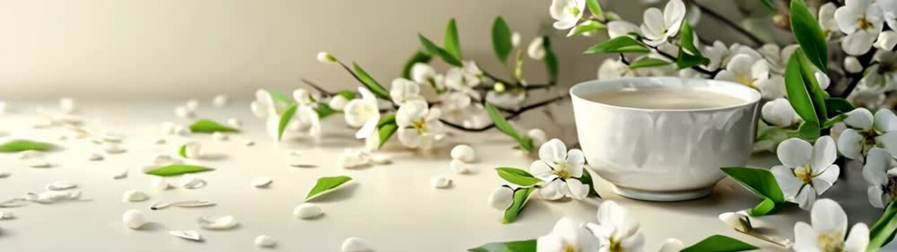 Cup of coffee sitting on a table with flowers banner copy space