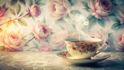 Delicate antique tea cup filled with steaming hot tea sits on a intricately designed floral background with pastel hues and delicate petals