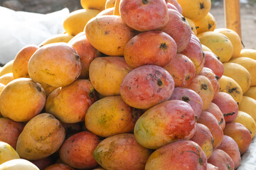 Full frame shot of the Senthoora mango or Sindhura mango sold by the road side vendors in the early morning