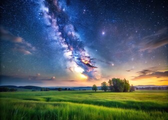 Fototapeta premium A serene landscape of a meadow under a starry night sky with the Milky Way visible as a faint glow above