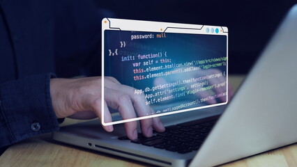 hands typing source code html and programming on screen laptop,development program,web design,developer abap,sap in cafe.New normal of freelance work process concept.