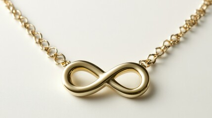 Delicate gold chain with infinity symbol pendant centered on white