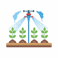 Irrigation system for agricultural crop irrigation: A flat illustration of an irrigation system sprays water onto rows of young plants in a field.