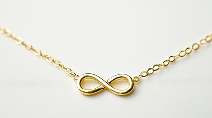 Delicate gold chain with infinity symbol pendant centered on white
