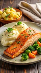 Golden brown salmon fillet on a plate with creamy mashed potatoes and steamed vegetables