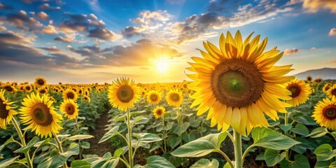 Bright sunflower field with tall flowers stretching towards the sky in warm sunlight
