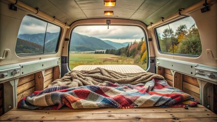 A lone mattress in a camper van interior with a worn-out blanket and a small trunk at the foot of the bed