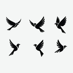 Discover this minimalist bird logo set featuring six unique, black, geometric bird designs in flight. Each logo showcases clean, abstract shapes with symmetrical composition .