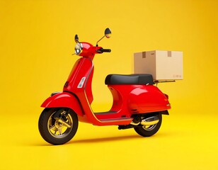 Obraz premium Fast and Reliable Delivery Service: Red Scooter with Package on Yellow Background