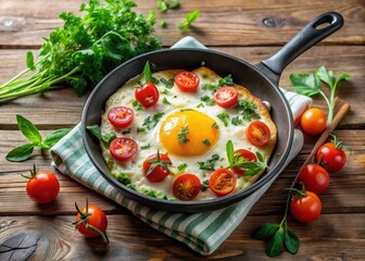 Sunny-side up egg on cast iron skillet frittata with fresh herbs and sliced tomatoes