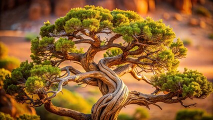 A close-up shot of a juniper tree with its twisted and gnarled branches