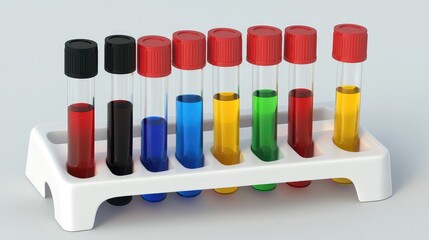 Medical test tubes in a white plastic rack with subtle reflections
