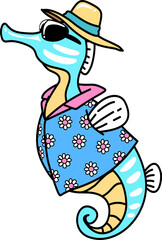 Retro Groovy Cartoon Seahorse Wearing a Shirt and Hat