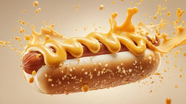 Hot dog covered in mustard splashing on light brown background