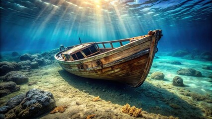 Old wooden fishing boat sunk in ocean floor