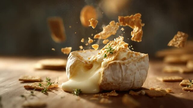 Baked camembert cheese wheel with falling crackers and thyme