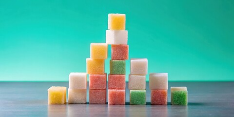Colorful sugar cubes stacked into a geometric tower structure with a minimalist background