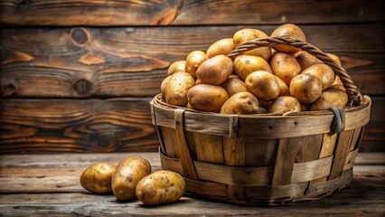 Freshly harvested potatoes piled high in a rustic wooden basket