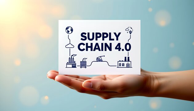 "minimalist flat lay of a hand holding floating white paper with 'supply chain 4