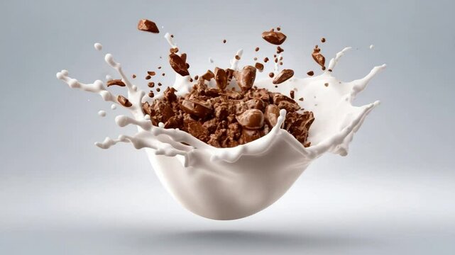Chocolate chips falling into milk splash on clean background