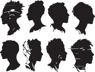 Silhouettes of Diverse People: Vector Art Heads Profile Views, Black and White Graphic Illustration, Modern Abstract Portraits for Design Projects