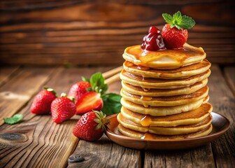 Piles of fluffy pancakes with golden honey drizzle and fresh strawberry slices atop a wooden table