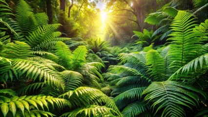 Lush greenery and ferns overgrow in dense thicket under sun-drenched canopy above