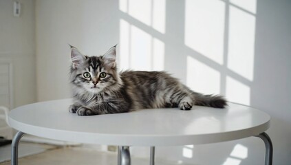 Cute striped kitten lying on white table. Domestic kitty close-up. Portrait of young cat