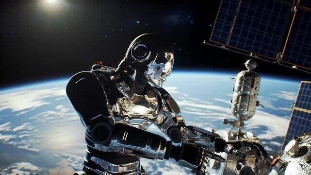 Shiny metallic robot in space near a space station
