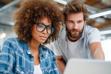 Young business people, a man and a woman, working together with a laptop in an office. A diverse team of two people having a conversation while standing near a window, looking at a computer screen.