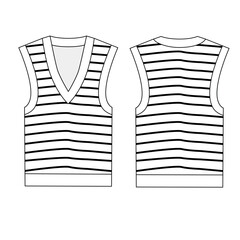 Vector pattern of knitted vest, in stripes. Fashion vest template, front and back view. Outline template of summer knitted sleeveless vest.