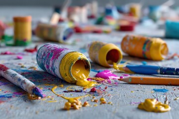 Childs art corner filled with vibrant finger paints and markers Generative AI