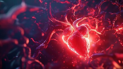 artistic scene of a glowing red network of arteries wrapped around the heart, straining from high pressure.