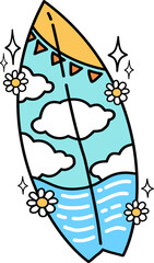 Retro Groovy Surfboard with Clouds and Daisies Illustration