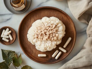 Aesthetic overhead shot of mushrooms with dietary supplements.