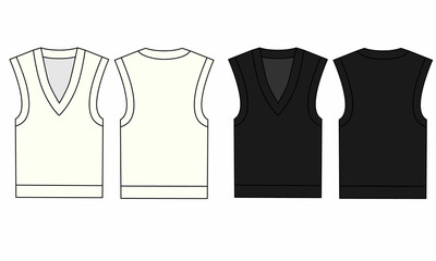 Technical pattern of knitted vest, white and black color. Fashion vest template, front and back view. Outline template of summer knitted sleeveless vest.