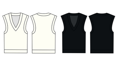Vector technical pattern of knitted vest, white and black color. Fashion vest template, front and back view. Outline template of summer knitted sleeveless vest.