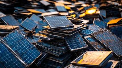 Stacked Broken Solar Panels Awaiting Recycling