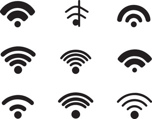 Black and White Vector Graphics: Assorted Wi-Fi Signal Strength Icons for Wireless Connectivity and Network Connection Symbol Design