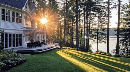 Sunlight casts a warm glow over the beautiful exterior of the home.