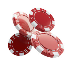 Red casino poker chips falling isolated on transparent background