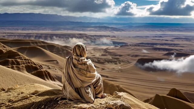 Prophet of God overlooking desert landscape of Promised Land
