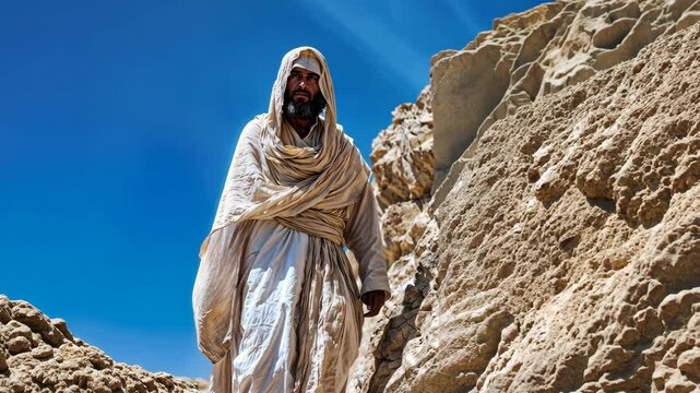 A prophet of God in a white robe descending among the rocks in the middle of the desert