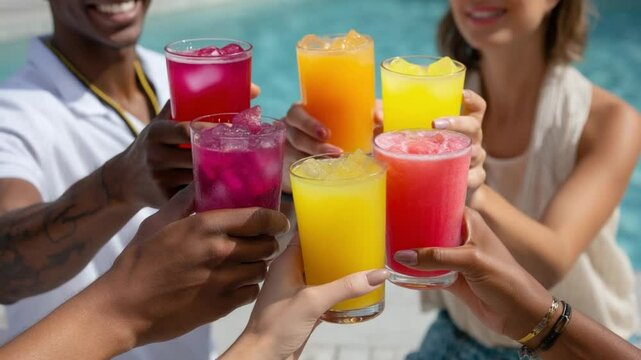 Friends toasting colorful summer cocktails by the pool