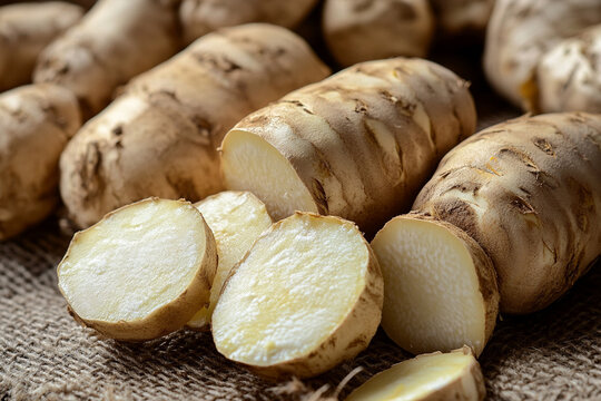 Closeup of Jicama Roots on Burlap Whole and Sliced Fresh Vegetables Displayed Clearly