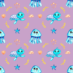 Seamless pattern with cute turtle and octopus, seaweed isolated on lilac background. Watercolor illustration sketch